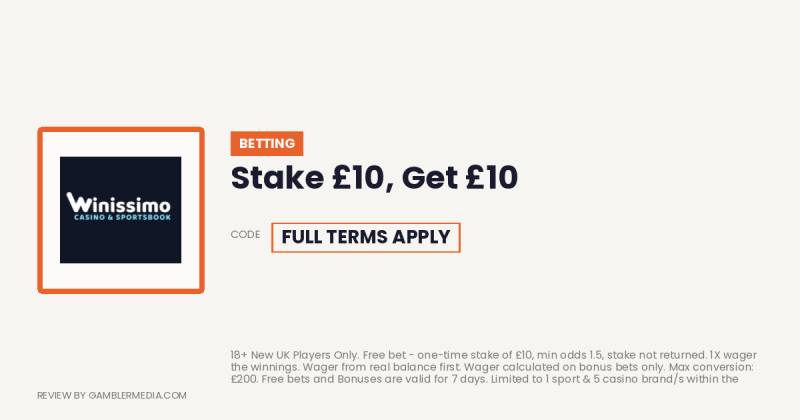 Winissimo welcome offer: Stake £10, Get £10. Reviewed by Gambler Media.