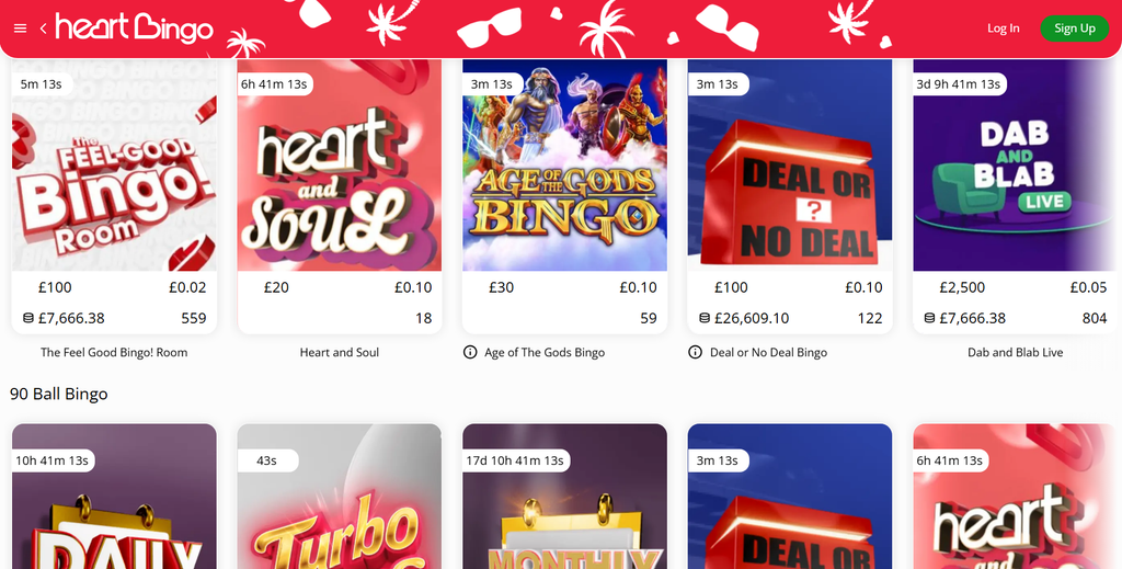 Heart Bingo Romms and games selection