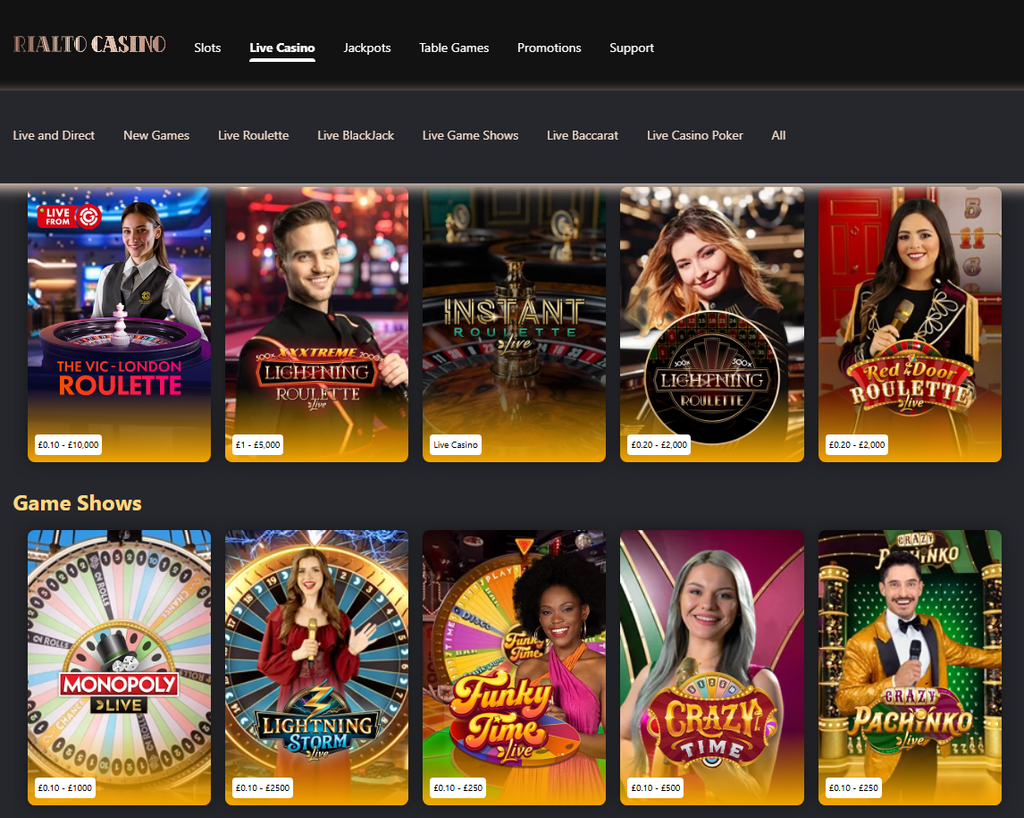 Rialto Casino live dealer games and game shows