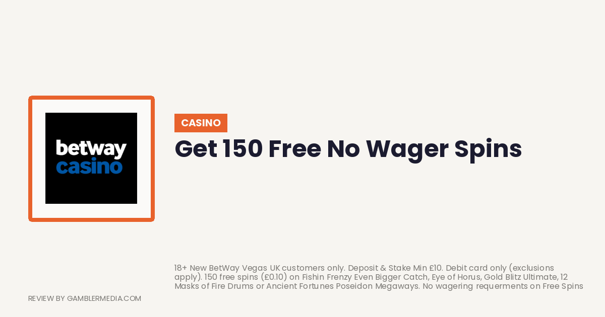 Betway Casino welcome offer: Get 150 Free No Wager Spins. Reviewed by Gambler Media.