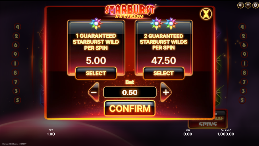 Starburst XXXtreme slot by NetEnt showing the XXXtreme Spins purchase screen, with options of 1 guaranteed Starburst Wild per spin for 5.00 or 2 guaranteed wilds for 47.50 at a 0.50 bet.